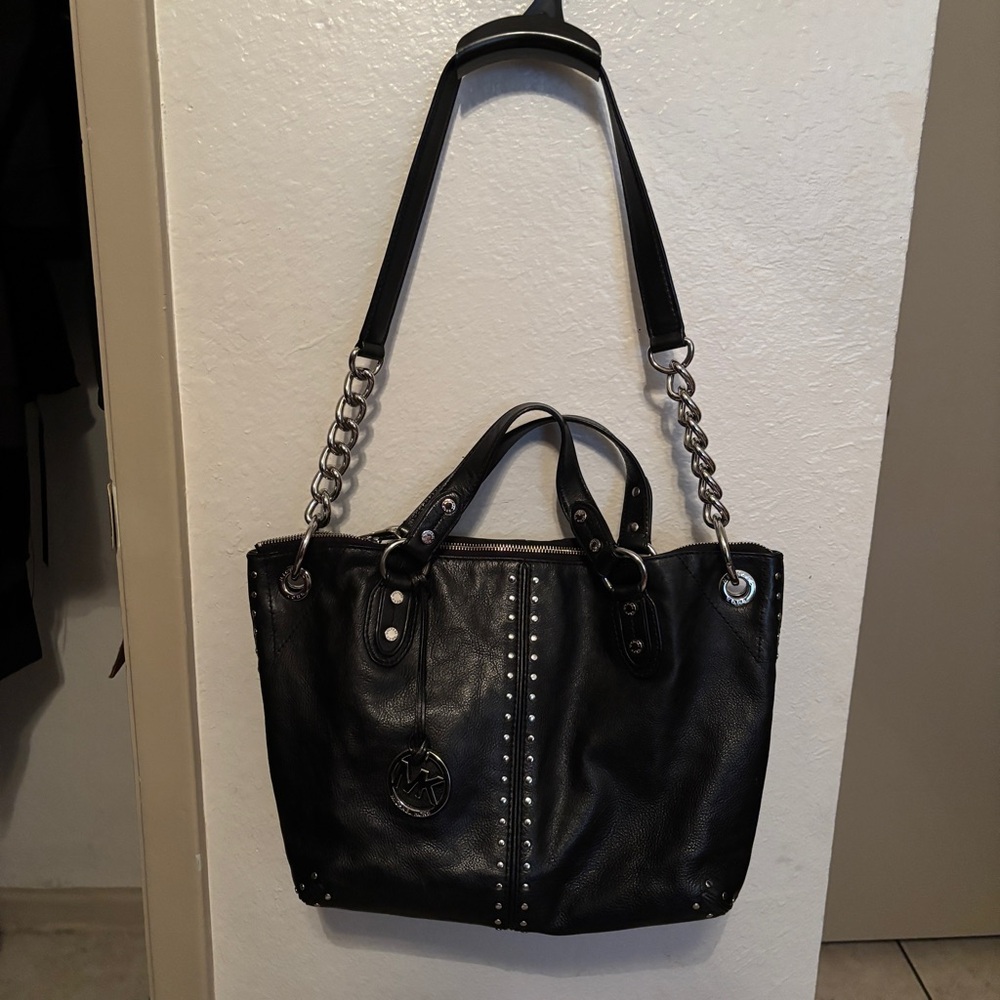 Michael Michael Kors Astor Black Grain Leather Studded Convertible Satchel Bag